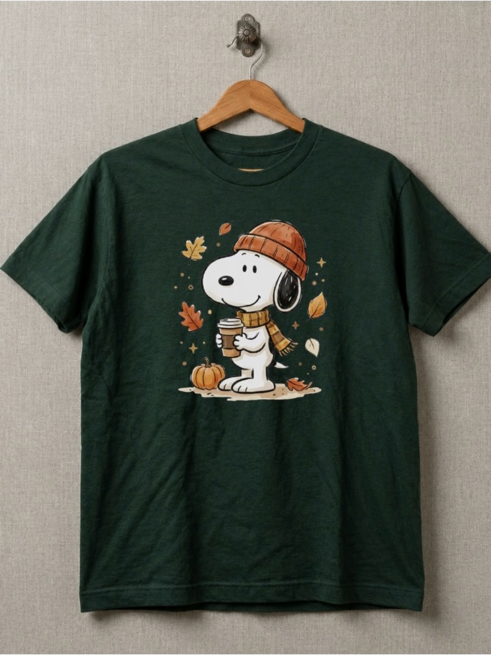 Peanuts Snoopy Fall Autumn Graphic Dog T-Shirt - Forest Green